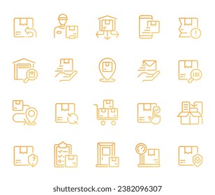 Delivery pixel perfect gradient linear vector icons set. Shipping services. Parcels distribution and shipment. Thin line contour symbol designs bundle. Isolated outline illustrations collection