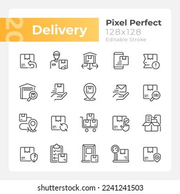 Delivery pixel perfect linear icons set. Shipping services. Parcel transfer. Customizable thin line symbols. Isolated vector outline illustrations. Editable stroke. Montserrat Bold, Light fonts used