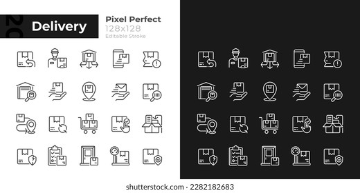 Delivery pixel perfect white linear icon for dark themes set for dark, light mode. Thin line symbols for night, day theme. Isolated illustrations. Editable stroke. Montserrat Bold, Light fonts used
