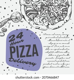 Delivery Of Pizza 24 Hours, Baked Food With Meat And Vegetables. Poster With Text Sample, Menu For Restaurant Or Diner. Promotional Banner Or Poster With Discounts And Sales. Vector In Flat Style