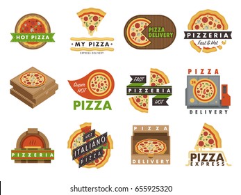 Delivery pizza logo badge pizzeria restaurant service fast food vector illustration.