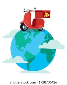 delivery pizza motorcycle in earth planet vector illustration design