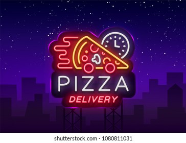 Delivery pizza neon sign. Logo in neon style, light banner, luminous symbol, bright night neon advertising food delivery for restaurant, cafe, pizzerias Italian cuisine Vector illustration. Billboard