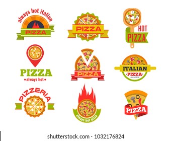 Delivery pizza vector logo badge pizzeria restaurant service fast food illustration.