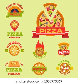 Delivery pizza vector logo badge pizzeria restaurant service fast food illustration.