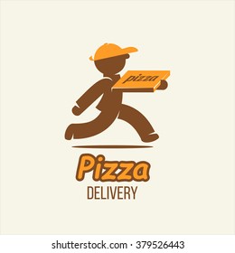 Delivery. Pizza delivery. Vector logo, sign. A man with a box of pizza.