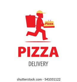 Delivery. Pizza delivery. Vector logo, sign. A man with a box of pizza.