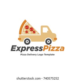 Delivery. Pizza delivery. Vector logo, sign. A truck car with a slice of pizza.