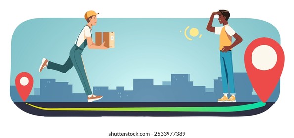 Delivery to place location pointer. Courier person delivering cardboard box package order to customer man at map destination pin. Shipment service, navigation route concept flat vector illustration
