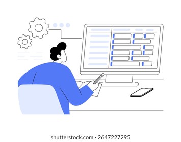 Plano de entrega ilustrações isoladas de vetor de desenhos animados. Trabalhador da empresa de TI lida com planejamento, análise de negócios, desenvolvimento de software, criar estrutura de trabalho, entregar desenho animado vetorial de produto digital.