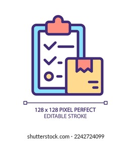 Icono de color RGB perfecto del píxel del plan de entrega. Organización del servicio de envío. Entregar el pedido. Logística. Ilustración vectorial aislada. Dibujo de línea simple relleno. Trazo editable. Tipo de letra arial utilizado