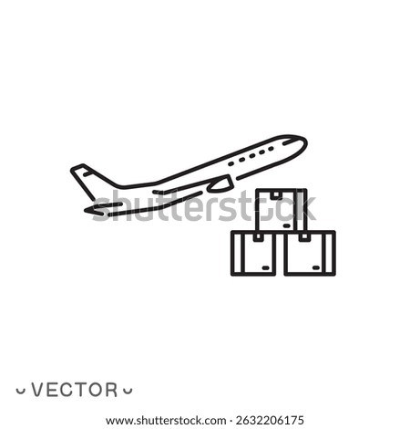 delivery plane icon, transport platform for fly shipping, air freight logistic, aircraft with cargo boxes concept, thin line symbol isolated on white background, editable stroke eps 10 vector