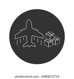 Lieferflugzeug Line-Symbol, Luftfracht-Logistik, Flugzeug mit Frachtboxen, Transportplattform für den Fliegenversand, editierbare Stroke-Vektorillustration