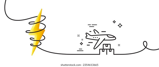 Icono de línea de plano de entrega. Una línea continua con curl. Signo de servicio logístico. Exportar el símbolo de las cajas de carga. Banda de contorno simple del plano de entrega. Curva de bucle con energía. Vector