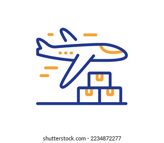 Delivery plane line icon. Logistic service sign. Export freight boxes symbol. Colorful thin line outline concept. Linear style delivery plane icon. Editable stroke. Vector