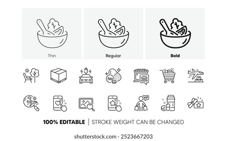 Delivery plane, Loyalty gift and Sodium mineral line icons. Pack of Search photo, Vip shopping, Delivery box icon. Food market, Search flight, Heart rating pictogram. Star rating. Line icons. Vector