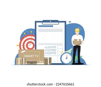 Delivery planning concept, human standing with clipboard, Digital marketing illustration.
