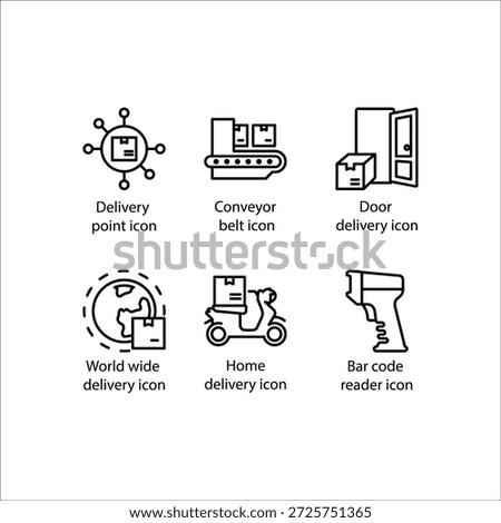 Delivery point, Conveyor belt, Door delivery, World wide delivery, Home delivery, Bar code reader, icon