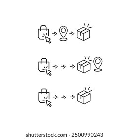 Delivery at point of location, process of online order and order received. click and collect order, icon,delivery services steps,receive order in pick up point,  e-commerce concept vector image