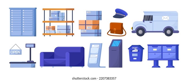 Delivery or post office objects vector illustrations set. Postal indoor elements, parcels on cupboard shelves, couch, mailboxes isolated on white background. Mail, express delivery service concept