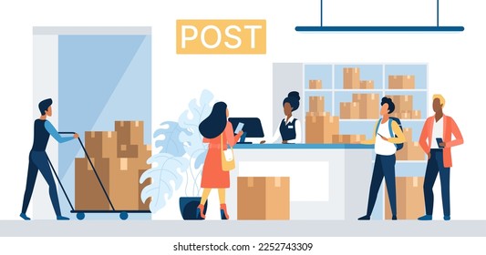 Delivery to post office, postal service vector illustration. Cartoon woman standing at reception desk to receive, send or return order parcel or letter, worker pushing cart with boxes to warehouse