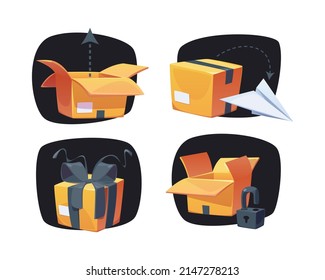 Delivery and post service cartoon labels with cardboard boxes, paper airplane, padlock and parcel wrapped with bow. Carton close and open packages, cargo, freight logistics, Vector illustration, set