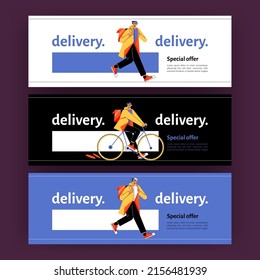 Delivery posters with man courier with backpack walk and ride on bike. Vector banners of fast shipping service with flat illustration of deliver man carry parcel or order