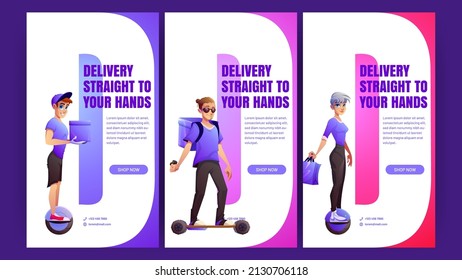 Delivery posters with people on electric unicycle and skate. Vector vertical banners of deliver service with cartoon couriers with box, backpack and bags ride on skateboard and monowheel