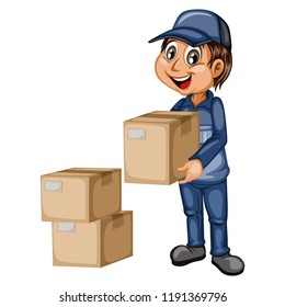 Delivery Postman with Cardboard Box Isolated on White Background. Happy Courier Delivering Parcels. Cartoon Vector Illustration. Fast Delivery Service Concept