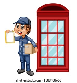 Delivery Postman with Cardboard Box and Papers to Sign Near the Red Telephone Booth Isolated on White Background. Happy Courier Delivering Parcels. Cartoon Vector Illustration. Fast Delivery Service