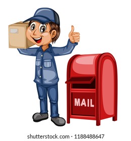 Delivery Postman with Cardboard Box Showing Thumb Up Near a Red Mailbox 
 Isolated on White Background. Happy Courier Delivering Parcels. Cartoon Vector Illustration. Fast Delivery Service Concept
