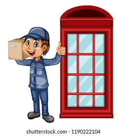 Delivery Postman with Cardboard Box Showing Thumb Up Near the Red Telephone Booth  Isolated on White Background. Happy Courier Delivering Parcels. Cartoon Vector Illustration. Fast Delivery Service