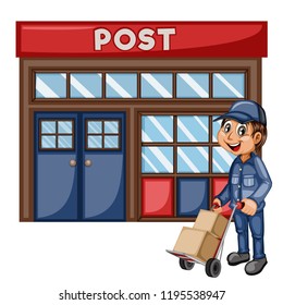 Delivery Postman with Cardboard Boxes  in Front of a Post Office Isolated on White Background. Happy Courier Pushing Trolley with Parcels. Cartoon Vector Illustration. Fast Delivery Service