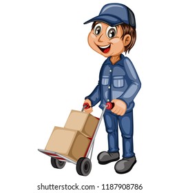 Delivery Postman with Cardboard Boxes Isolated on White Background. Happy Courier Pushing Trolley with Parcels. Cartoon Vector Illustration. Fast Delivery Service