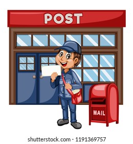 Delivery Postman with Mail Bag  in Front of a Post Office and Mailbox Isolated on White Background. Happy Courier Delivering Mails. Cartoon Vector Illustration. Fast Delivery Service Concept
