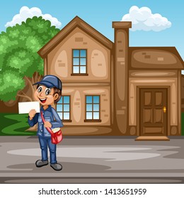 Delivery Postman with Mail Bag  in Front of a Post Office and Mailbox. Happy Courier Delivering Mails and Parcels. Cartoon Vector Illustration. Fast Delivery Service Concept