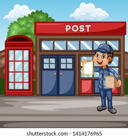 Delivery Postman with Mail Bag  in Front of a Post Office and Mailbox. Happy Courier Delivering Mails and Parcels. Cartoon Vector Illustration. Fast Delivery Service Concept