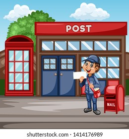 Delivery Postman with Mail Bag  in Front of a Post Office and Mailbox. Happy Courier Delivering Mails and Parcels. Cartoon Vector Illustration. Fast Delivery Service Concept