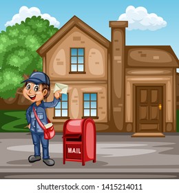 Delivery Postman with Mail Bag  in Front of a House and Mailbox. Happy Courier Delivering Mails and Parcels. Cartoon Vector Illustration. Fast Delivery Service Concept