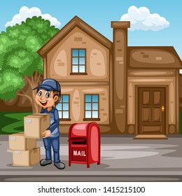 Delivery Postman with Mail Bag  in Front of a House and Mailbox. Happy Courier Delivering Mails and Parcels. Cartoon Vector Illustration. Fast Delivery Service Concept