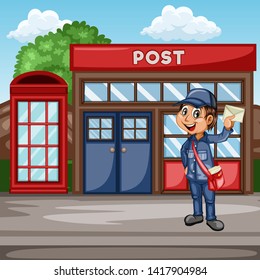 Delivery Postman with Mail Bag  in Front of a Post Office and Mailbox. Happy Courier Delivering Mails and Parcels. Cartoon Vector Illustration. Fast Delivery Service Concept