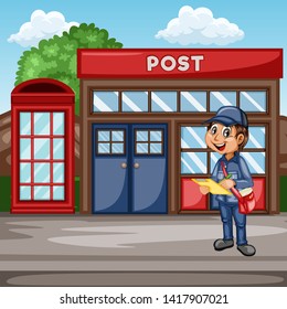 Delivery Postman with Mail Bag  in Front of a Post Office and Mailbox. Happy Courier Delivering Mails and Parcels. Cartoon Vector Illustration. Fast Delivery Service Concept
