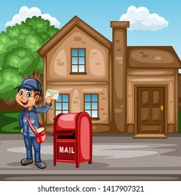 Delivery Postman with Mail Bag  in Front of a House and Mailbox. Happy Courier Delivering Mails and Parcels. Cartoon Vector Illustration. Fast Delivery Service Concept