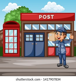 Delivery Postman with Mail Bag  in Front of a Post Office and Mailbox. Happy Courier Delivering Mails and Parcels. Cartoon Vector Illustration. Fast Delivery Service Concept