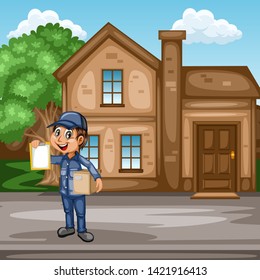 Delivery Postman with Mail Bag  in Front of a House and Mailbox. Happy Courier Delivering Mails and Parcels. Cartoon Vector Illustration. Fast Delivery Service Concept