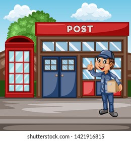 Delivery Postman with Mail Bag  in Front of a Post Office and Mailbox. Happy Courier Delivering Mails and Parcels. Cartoon Vector Illustration. Fast Delivery Service Concept