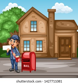 Delivery Postman with Mail Bag  in Front of a House and Mailbox. Happy Courier Delivering Mails and Parcels. Cartoon Vector Illustration. Fast Delivery Service Concept
