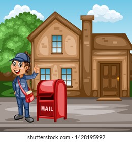 Delivery Postman with Mail Bag  in Front of a House and Mailbox. Happy Courier Delivering Mails and Parcels. Cartoon Vector Illustration. Fast Delivery Service Concept