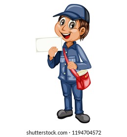 Delivery Postman with Mail Bag   Isolated on White Background. Happy Courier Delivering Mails. Cartoon Vector Illustration. Fast Delivery Service Concept