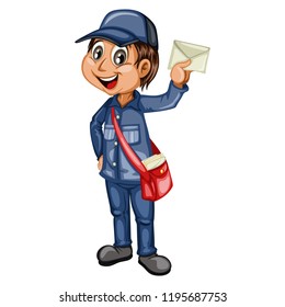 Delivery Postman with Mail Bag   Isolated on White Background. Happy Courier Delivering Mails. Cartoon Vector Illustration. Fast Delivery Service Concept